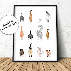 Cat Butts, Original Cat Print, Wall Art, Funny, Cute, Gift, Digital Print Download Digital Art