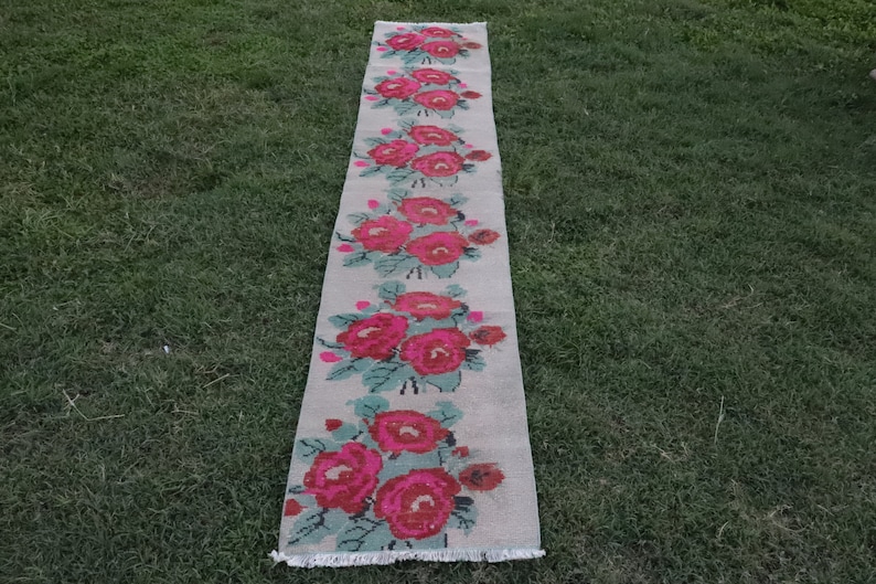 Floral Long Runner 2x9 Narrow Turkish Runner Rug Antique Beige Runner Rug Oushak Runner Pink Flowers 1.7x8.9 ft Hallway Runner Rug