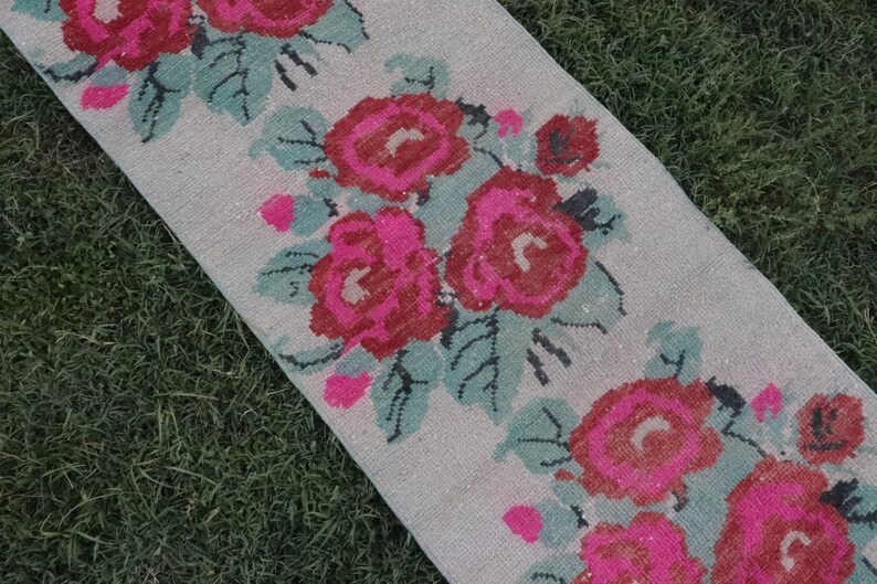Floral Long Runner 2x9 Narrow Turkish Runner Rug Antique Beige Runner Rug Oushak Runner Pink Flowers 1.7x8.9 ft Hallway Runner Rug