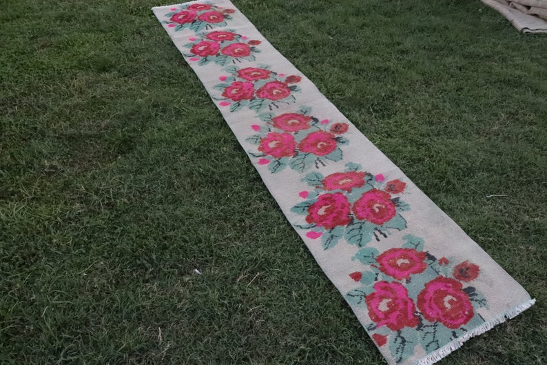 Floral Long Runner 2x9 Narrow Turkish Runner Rug Antique Beige Runner Rug Oushak Runner Pink Flowers 1.7x8.9 ft Hallway Runner Rug