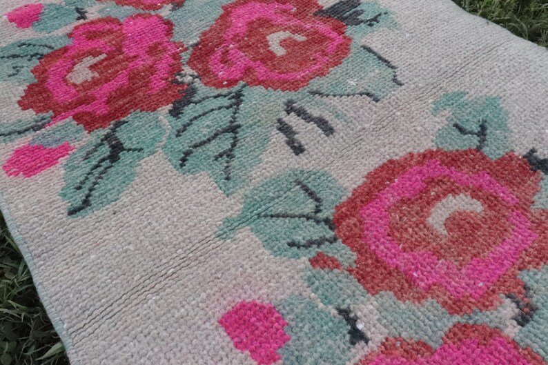 Floral Long Runner 2x9 Narrow Turkish Runner Rug Antique Beige Runner Rug Oushak Runner Pink Flowers 1.7x8.9 ft Hallway Runner Rug