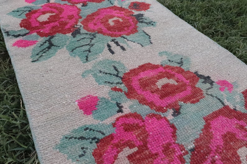 Floral Long Runner 2x9 Narrow Turkish Runner Rug Antique Beige Runner Rug Oushak Runner Pink Flowers 1.7x8.9 ft Hallway Runner Rug