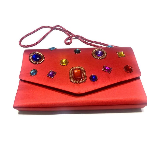 y2k Clutch Bag  Red Satin - Vintage Elegant Pochetteor Shoulder  Cocktail Bag   with colorful cabochon crystals in golden frames