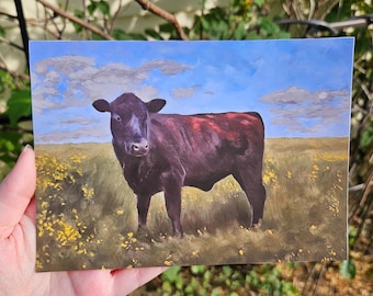 Black Cow Art Print: Original Oil Painting | 5 x 7 frame | Farm Animal