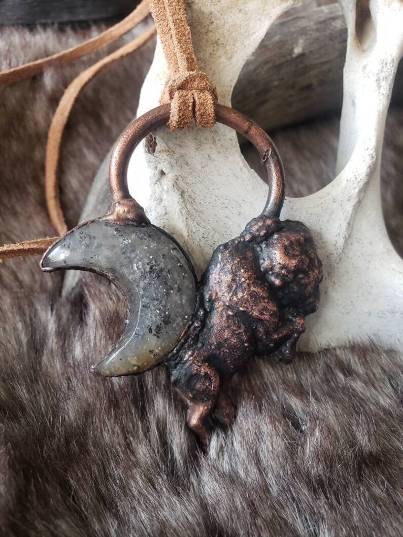 Black Sun Stone Moon Copper Bison Pendant
