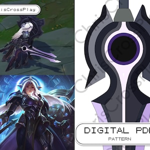 Puede incluir: Un patrón PDF digital para una espada negra y morada con un gran ojo circular negro y morado en el centro. El texto "DIGITAL PDF PATTERN" está en la parte inferior de la imagen.