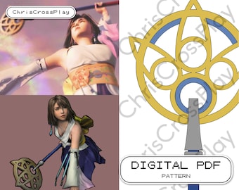 May include: A digital PDF pattern for a golden and blue circular design with a gray stem. The design is similar to a staff or wand. The text "DIGITAL PDF PATTERN" is at the bottom of the image.