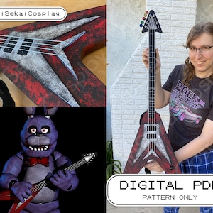May include: A digital PDF pattern for a red and black electric guitar with a white stripe down the center. The guitar has a unique V-shaped body and a single pickup. The pattern is for a guitar that is similar to the one in the image, which is being held by a person. The text "DIGITAL PDF PATTERN ONLY" is at the bottom of the image.