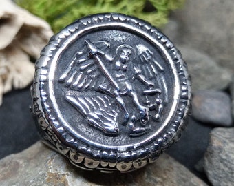 Saint Michael Archangel Christian Signet Ring Jewelry