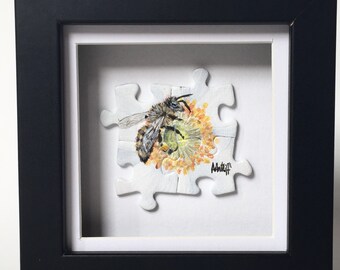 Bee Puzzle - Pezzi di puzzle dipinti a mano - Fiore impollinatore di api - Cornice Pittura acrilica
