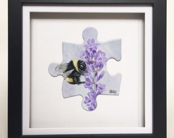 Bumble Bee Painting - Lavanda e ape dipinte a mano - Pezzo di puzzle dipinto incorniciato