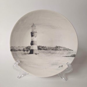 Lighthouse Art - Plymouth Lighthouse - Handmade Ceramic Plate - Decorative Porcelain Plate - Hand Painted Plate - Lighthouse Gifts