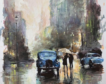 Original Rainy Cityscape Watercolor Painting | Mixed Media Fine Art on Paper | Romantic Evening Street Landscape | Couple with Umbrella Gift