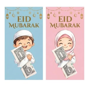 Könnte beinhalten: Zwei illustrierte Karten mit dem Text "EID MUBARAK". Eine Karte ist blau mit einem Jungen, der Dollarnoten hält, die andere ist rosa mit einem Mädchen, das Dollarnoten hält. Beide Karten haben goldene Mond- und Sternverzierungen.