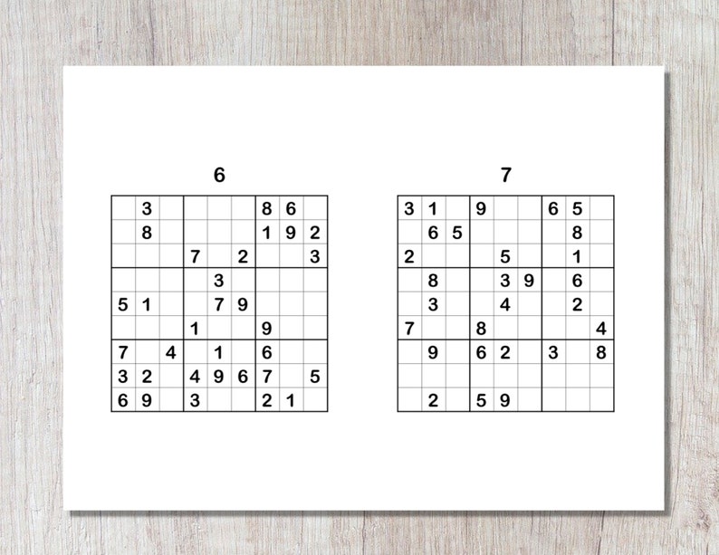 以下が含まれることがあります： 「6」と「7」のラベルが付けられた2つの数独パズル。いくつかのマスに数字が記入されています。