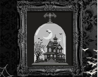 May include: A black and white cross-stitch pattern titled "Haunted Cloche" featuring a spooky haunted house under a glass dome. The design includes a full moon, bats, and a bare tree. The framed artwork is set against a dark, patterned background.