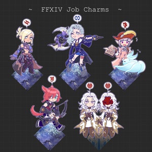 May include: A set of 6 Final Fantasy XIV job charms featuring various characters from the game. The charms are made of metal and have a blue and white color scheme. The charms are displayed on a black background with a grid pattern.