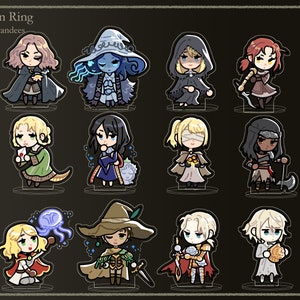 May include: A set of 12 mini character stand-up figures from the video game Elden Ring. The figures are all in a chibi style and feature various characters from the game, including a female character with a blue hat, a female character with a red hat, and a male character with a brown hat.