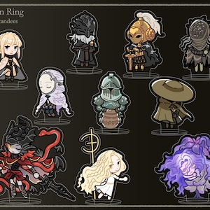 May include: Elden Ring mini standees featuring characters from the video game. The standees are in a cartoon style and include characters like a knight, a woman with long blonde hair, and a creature with a large head and a long, flowing robe.