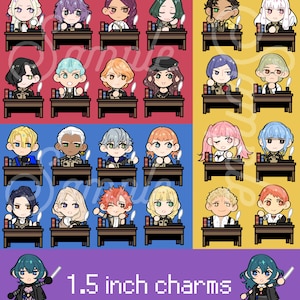 May include: A collection of colorful 1.5 inch charms featuring various cartoon characters. Each character is depicted sitting at a desk with a quill and inkwell. The background is divided into red, blue, and yellow sections.