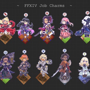 May include: A set of 10 colorful charms featuring characters from the Final Fantasy XIV video game. Each charm is a different job class, such as the Warrior, Paladin, and Black Mage. The charms are designed in a chibi style and are perfect for adding a touch of Final Fantasy XIV to your keychain, backpack, or other accessories.