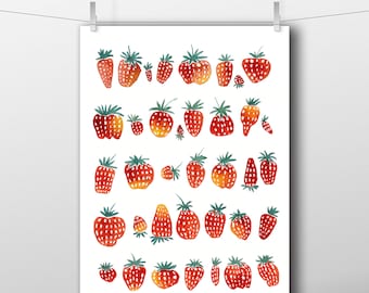 Strawberry digital print,  berries digital print,Watercolor Digital,Fruit wall art,Instant Download