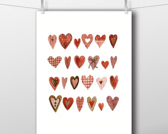 Valentine's day printable decor,Romantic digital print,Сute hearts print,Watercolor printable heart,Red heart print,Romantic wall art