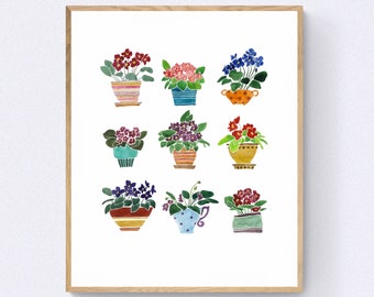 Impresión digital de violetas, Impresión de plantas caseras, Estampados de flores, Descarga instantánea de violetas, Estampado floral, Flor de acuarela, Decoración de pared imprimible