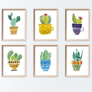 Set of 6 Cute Cacti Watercolor Digital Print,Cacti Instant Download,Plants poster,Home plants print,Printable Wall Decor,For kids room
