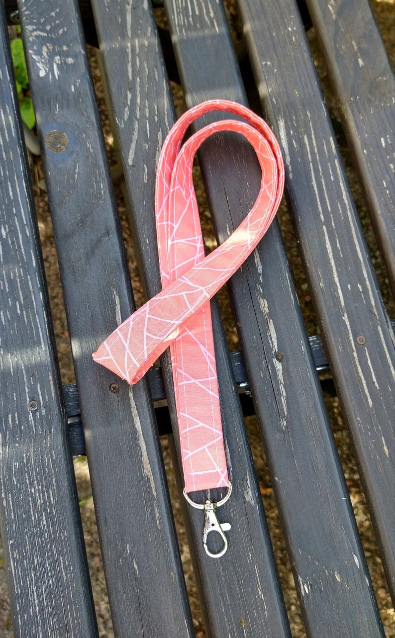 Unisex Beige Sewn Soft Carabiner Handmade Pink /& White geometrical lanyard Keys Key holder Badge wear Lines Keychain Sewn Cotton