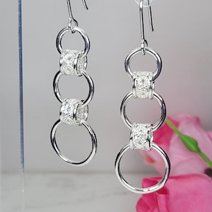 Filigree earrings, Sterling silver dangle hoop earrings, Silver circle earrings, Silver long earrings, Dainty jewelry for women