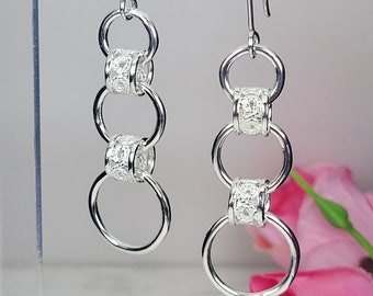 Filigree earrings, Sterling silver dangle hoop earrings, Silver circle earrings, Silver long earrings, Dainty jewelry for women