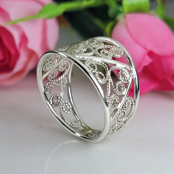 Filigree ring, Chunky silver ring, Sterling silver wide ring, Boho band ring, Statement art ring, Silver handmade band, Filigree art jewelry