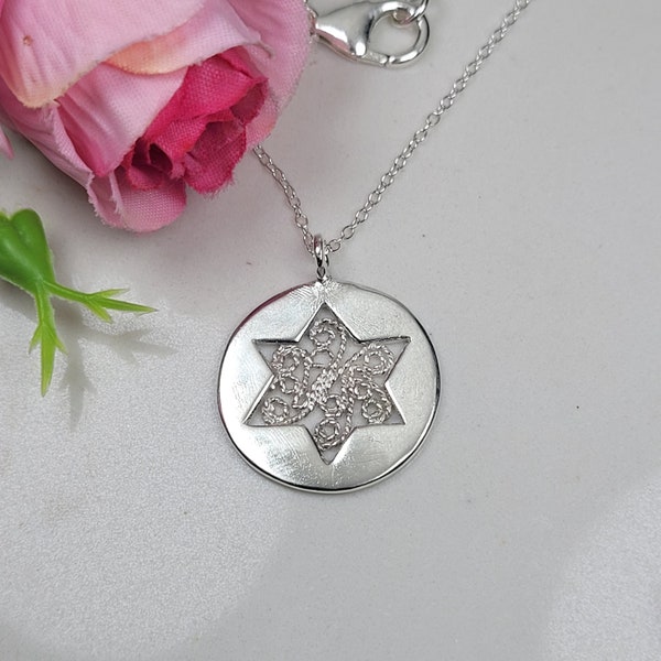 Filigree necklace, Star of David, Circle sterling silver necklace, Boho star necklace, Handmade art necklace, Filigree art jewelry