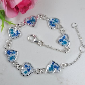 Echte Blume Armband, Silber Herz Armband, Blau Silber Armband, Silber Liebe Armband, Resin Armband, Valentine Schmuck Geschenkidee