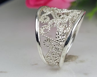 Filigree ring, Boho band ring, Sterling silver designer ring, Wide silver ring, Boho art ring, Handmade art ring, Filigree art jewelry