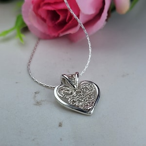 Filigree necklace, Silver heart necklace, Small charm necklace, Boho 925 necklace, Valentines necklace, Anniversary gift  for her