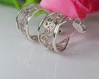 Filigree earrings, Sterling silver hoop earrings, Boho dainty earrings, Dainty jewelry for women, Vintage style earrings, Post earrings