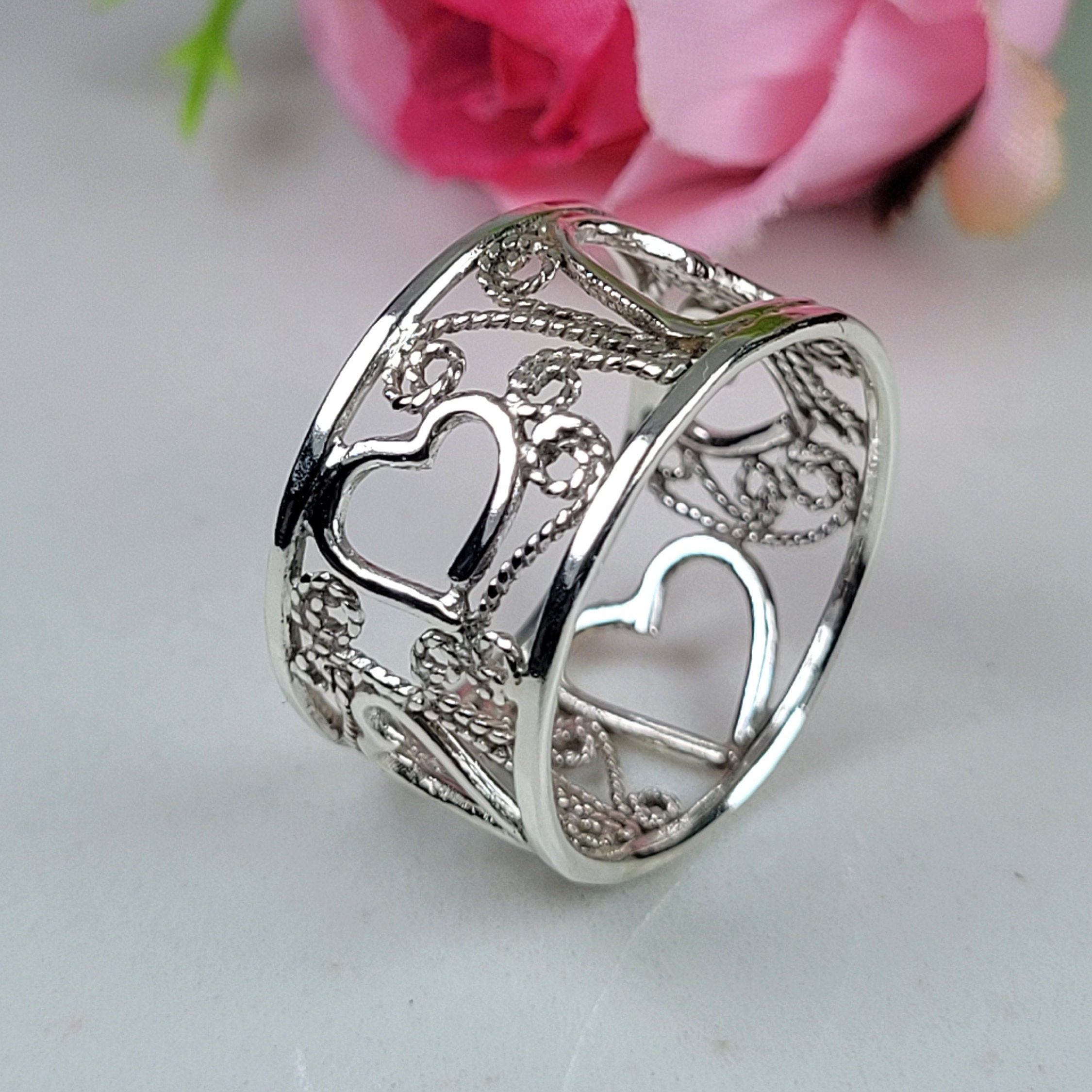 Filigree Ring, Silver Heart Ring, Wide Band, Promise Ring, Alternative ...