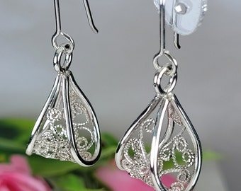 Filigree earrings, Silver long earrings, Art nouveau earrings, Sterling silver unique earrings, Handmade 925 earrings, Filigree art jewelry