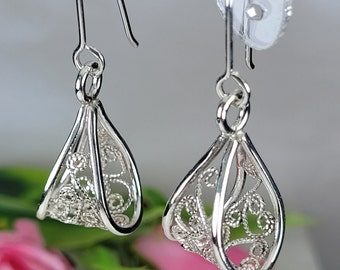 Filigree earrings, Silver long earrings, 925 dangle earrings, Art nouveau earrings, Sterling silver unique earrings, Dainty jewelry gift