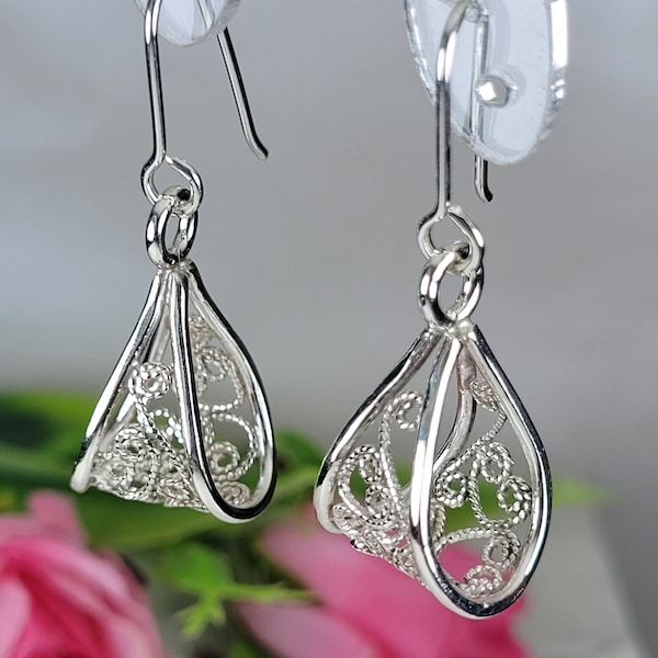 Pendientes de filigrana, Pendientes largos de plata, Pendientes art nouveau, Pendientes únicos de plata de ley, Pendientes 925 hechos a mano, Joyas artísticas de filigrana