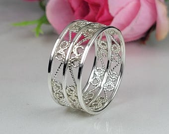 Wide filigree ring, Antique style sterling silver band, Fine jewelry