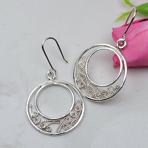 Sterling silver long earrings, Boho silver earrings, Filigree earrings, Circle earrings, Unique statement earrings, Dainty jewelry for women
