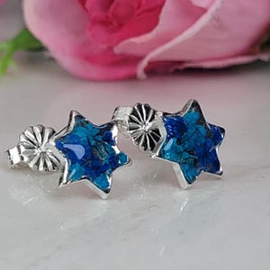 Resin earrings, Star earrings, Sterling silver blue earrings, Sterling silver stud earrings, Post earrings, Pressed flower jewelry