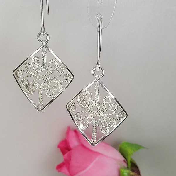 Filigree earrings, Geometric sterling silver earrings, Long silver earrings, Art nouveau earrings, Filigree art jewelry