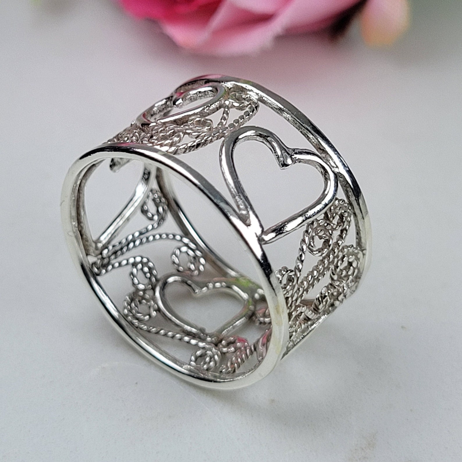 Filigree Ring, Silver Heart Ring, Wide Band, Promise Ring, Alternative ...