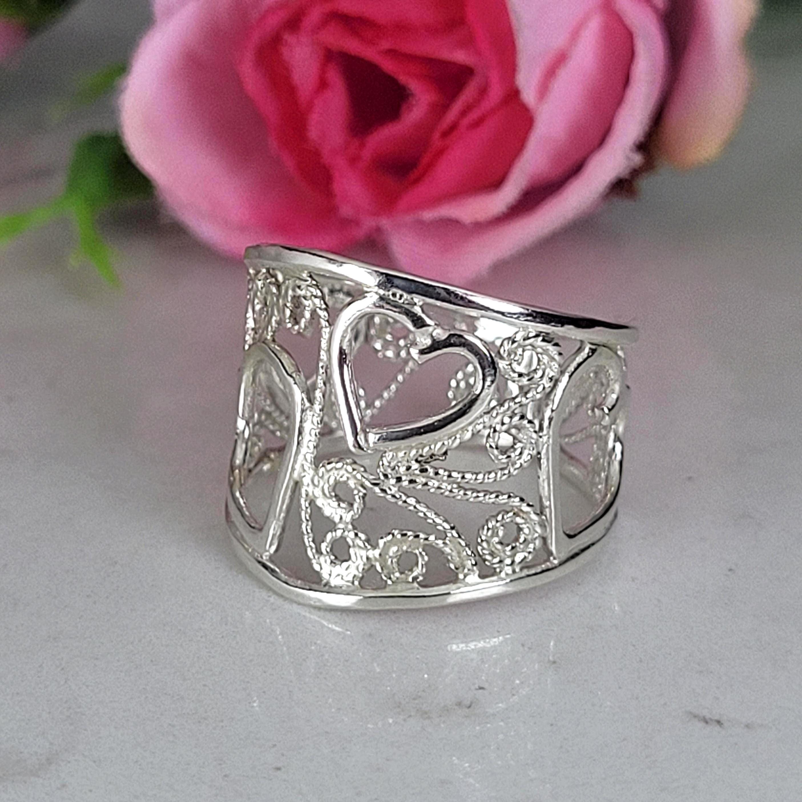Filigree Ring, Silver Heart Ring, Wide Band Ring, Statement Silver 