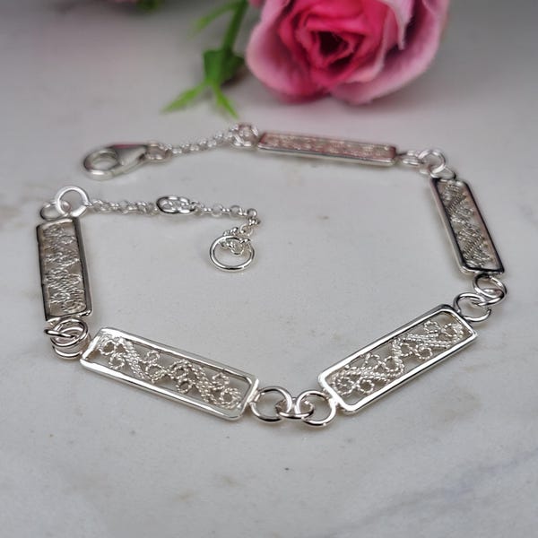 Filigree bracelet, Silver statement bracelet, Fine jewelry, Birthday gift for her