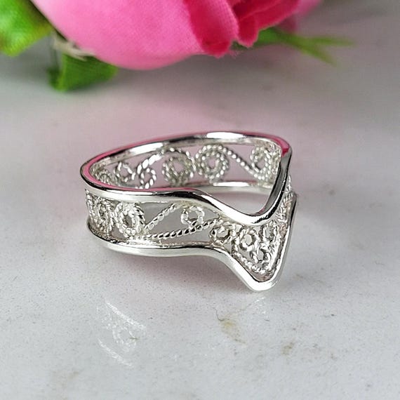 Filigree ring, Chevron ring, Wide silver ring, Women jewelry gift